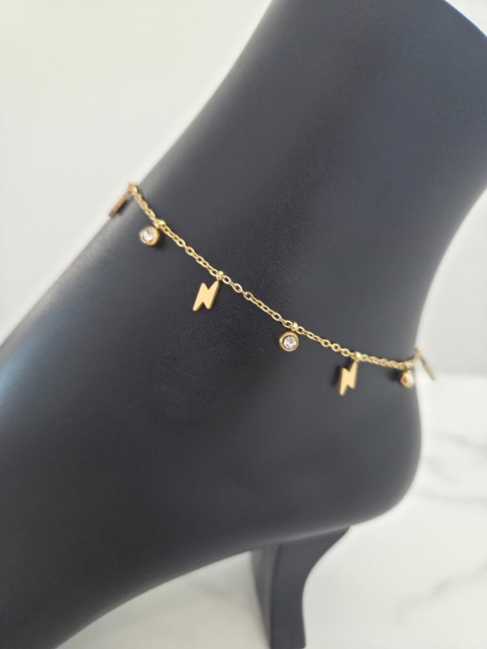 Gold Lightning Bolt & Crystal Charm Anklet Dainty Stainless Steel Jewelry - Picture 5 of 15